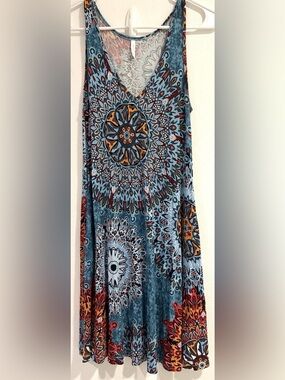 Women’s Bishuige Boho Mini Swing Dress Stretchy Side Pockets Sleeveless XS